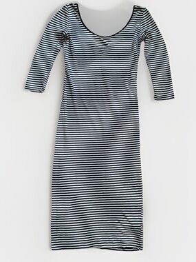 Women Sz S Striped Dress Midi Stretchy Fitted Skinny Cotton Blend Bodycon